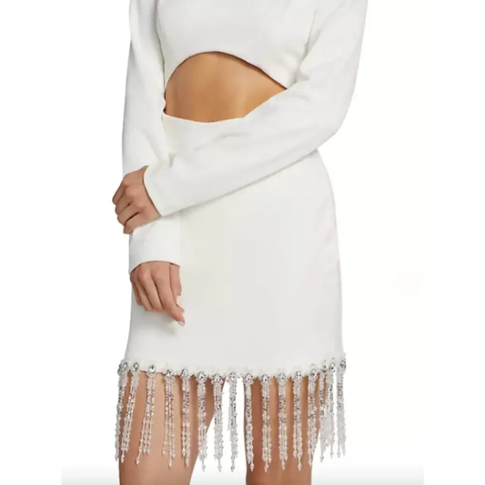 PatBO Hand Crystal Beaded High Neck Long Sleeve Mini Dress